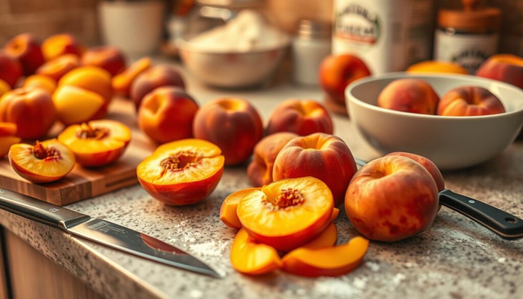 preparing peaches for peach cobbler