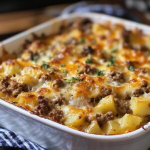 A freshly baked Cheesy Hamburger Potato Casserole with a golden, cheesy crust