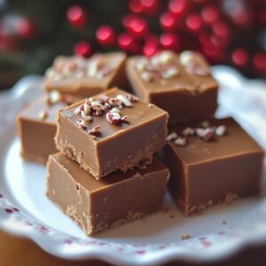 A plate of festive Christmas Fudge topped with crushed candy canes, ready to serve.