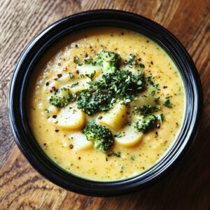 Bowl of creamy potato broccoli cheddar soup topped with shredded cheese and herbs
