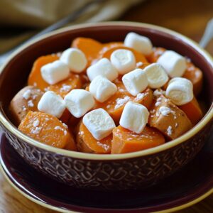 A warm serving of Crockpot Sweet Potatoes with Marshmallows topped with golden, melted marshmallows