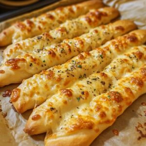 Freshly baked Homemade Cheesy Garlic Breadsticks with melted cheese and garlic butter, served on a wooden board.
