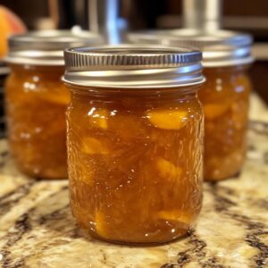 A jar of homemade peach jam with fresh peaches in the background