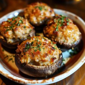 A plate of golden Red Lobster Crab Stuffed Mushrooms filled with creamy crab mixture.