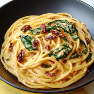 A bowl of Spaghetti & Spinach with Sun-Dried Tomato Cream Sauce garnished with fresh basil and Parmesan