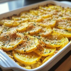 A golden-brown Yellow Squash Casserole with a crispy cheese topping in a baking dish.