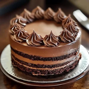 A rich Chocolate Cake with Silky Mousse, topped with chocolate shavings and berries.