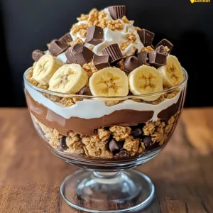 A layered Chocolate Peanut Butter Banana Cream Trifle with whipped cream and peanut butter cups.