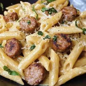 Creamy Parmesan Pasta topped with crispy Garlic Butter Sausage Bites and garnished with fresh basil.