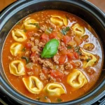 A bowl of Slow Cooker Tomato Tortellini Soup with Ground Beef garnished with fresh basil and Parmesan cheese