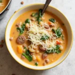 A bowl of Creamy Parmesan Italian Sausage Soup with fresh spinach and Parmesan on top