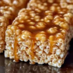 A stack of Salted Caramel Rice Krispie Treats drizzled with caramel and sprinkled with sea salt.