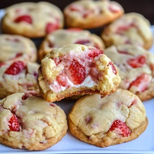 Soft and creamy Strawberry Cheesecake Cookies with a fresh strawberry filling, served on a plate.