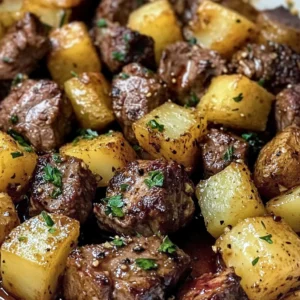 A plate of garlic butter steak bites with crispy air-fried potatoes, garnished with fresh parsle