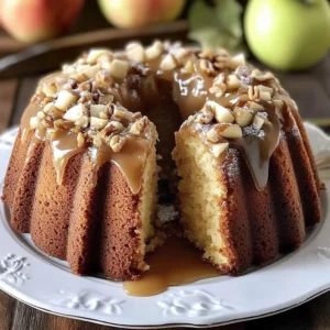 A freshly baked Autumn Glory Apple Bundt Cake, dusted with powdered sugar and garnished with apple slices.