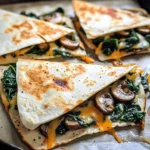 A plate of crispy Baked Spinach Mushroom Quesadillas with melted cheese and fresh spinach.