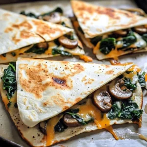 A plate of crispy Baked Spinach Mushroom Quesadillas with melted cheese and fresh spinach.
