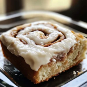 A warm slice of Big Mama’s Cinnamon Roll Cake with icing drizzle