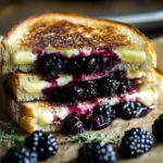 A golden-brown Blackberry Balsamic and Brie Grilled Cheese sandwich sliced in half with gooey melted cheese and juicy blackberries inside.