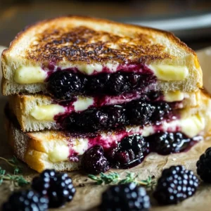 A golden-brown Blackberry Balsamic and Brie Grilled Cheese sandwich sliced in half with gooey melted cheese and juicy blackberries inside.