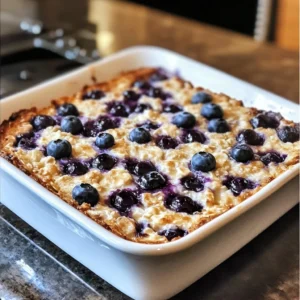 A slice of warm blueberry cottage cheese breakfast bake with golden edges and fresh blueberries on top