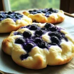 A stack of Blueberry Fluffy Cottage Cheese Cloud Bread with fresh blueberries on top