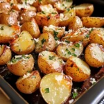A plate of crispy Browned Butter Roasted Potatoes with Parmesan and fresh parsley