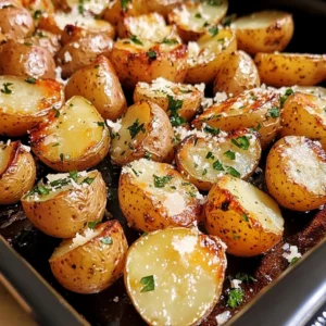 A plate of crispy Browned Butter Roasted Potatoes with Parmesan and fresh parsley