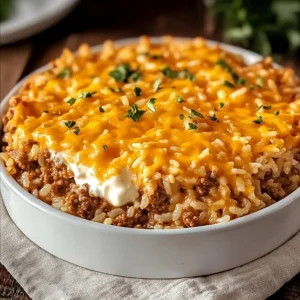 A freshly baked Cheddar-Crusted Ground Beef and Rice Casserole with a golden, bubbly cheese topping