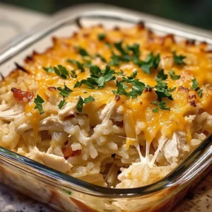 A warm, cheesy Chicken and Rice Casserole garnished with fresh parsley.