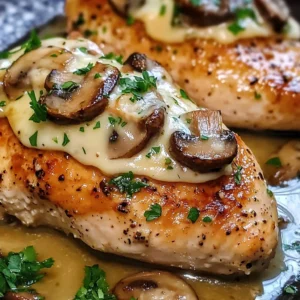A golden-brown Cheesy Garlic Butter Mushroom Stuffed Chicken breast sliced open with melted cheese oozing out.