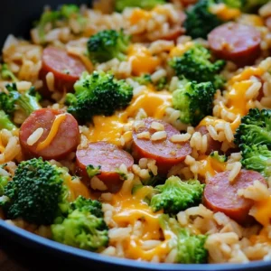 A sizzling skillet filled with cheesy kielbasa, rice, and broccoli, topped with melted cheddar.