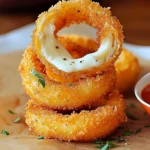 A plate of golden, crispy Cheesy Mozzarella Stuffed Onion Rings served with marinara sauce.