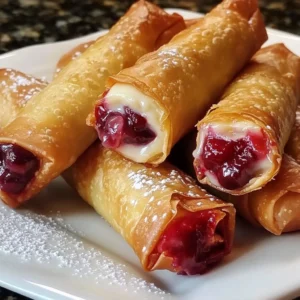 Cherry Cream Cheese Egg Rolls dusted with powdered sugar and served with whipped cream