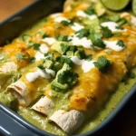 A plate of Chicken and Avocado Enchiladas topped with sour cream and cilantro