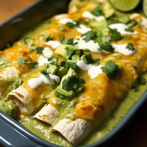 A plate of Chicken and Avocado Enchiladas topped with sour cream and cilantro