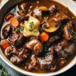 A bowl of Classic French Beef Stew with mushrooms, garnished with fresh parsley, served with crusty bread.