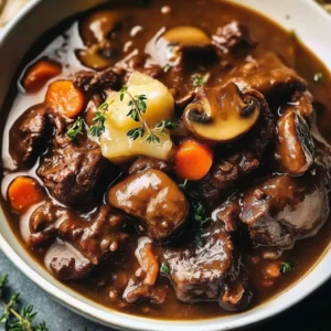 A bowl of Classic French Beef Stew with mushrooms, garnished with fresh parsley, served with crusty bread.