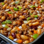 A bowl of Cowboy Baked Beans with ground beef and green peppers