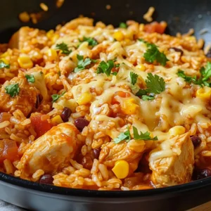 A skillet filled with Crazy Chicken – Mexican Chicken and Rice with melted cheese on top
