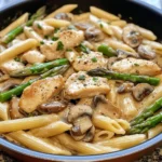 A plate of Creamy Mushroom and Asparagus Chicken Penne topped with Parmesan cheese and fresh herbs