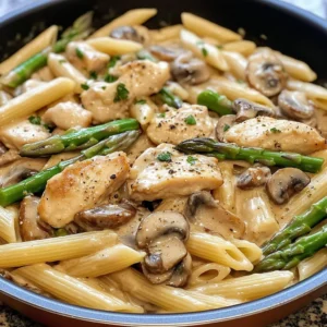 A plate of Creamy Mushroom and Asparagus Chicken Penne topped with Parmesan cheese and fresh herbs