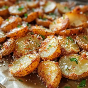 A plate of Crispy Crunchy Parmesan Potatoes with fresh parsley garnish