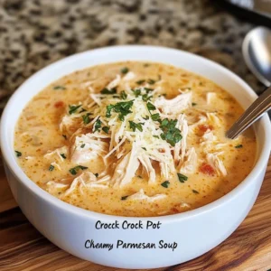 A warm bowl of Crock Pot Creamy Chicken Parmesan Soup garnished with parmesan and fresh basil