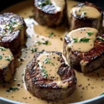 Seared Filet Mignon with Shallot Peppercorn Cream Sauce on a plate with mashed potatoes