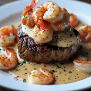 A plated Filet Mignon topped with shrimp and lobster cream sauce, garnished with fresh parsley.
