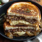 French Onion Patty Melt with golden rye bread and melted Swiss cheese