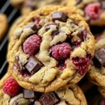 A plate of Irresistible Raspberry Chocolate Chunk Cookies with melty chocolate and fresh raspberries.