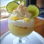 A chilled glass of Key Lime Pie Cheesecake Pina Colada garnished with lime and coconut