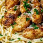 A plate of Lemon Garlic Butter Chicken with Parmesan Linguine garnished with fresh parsley